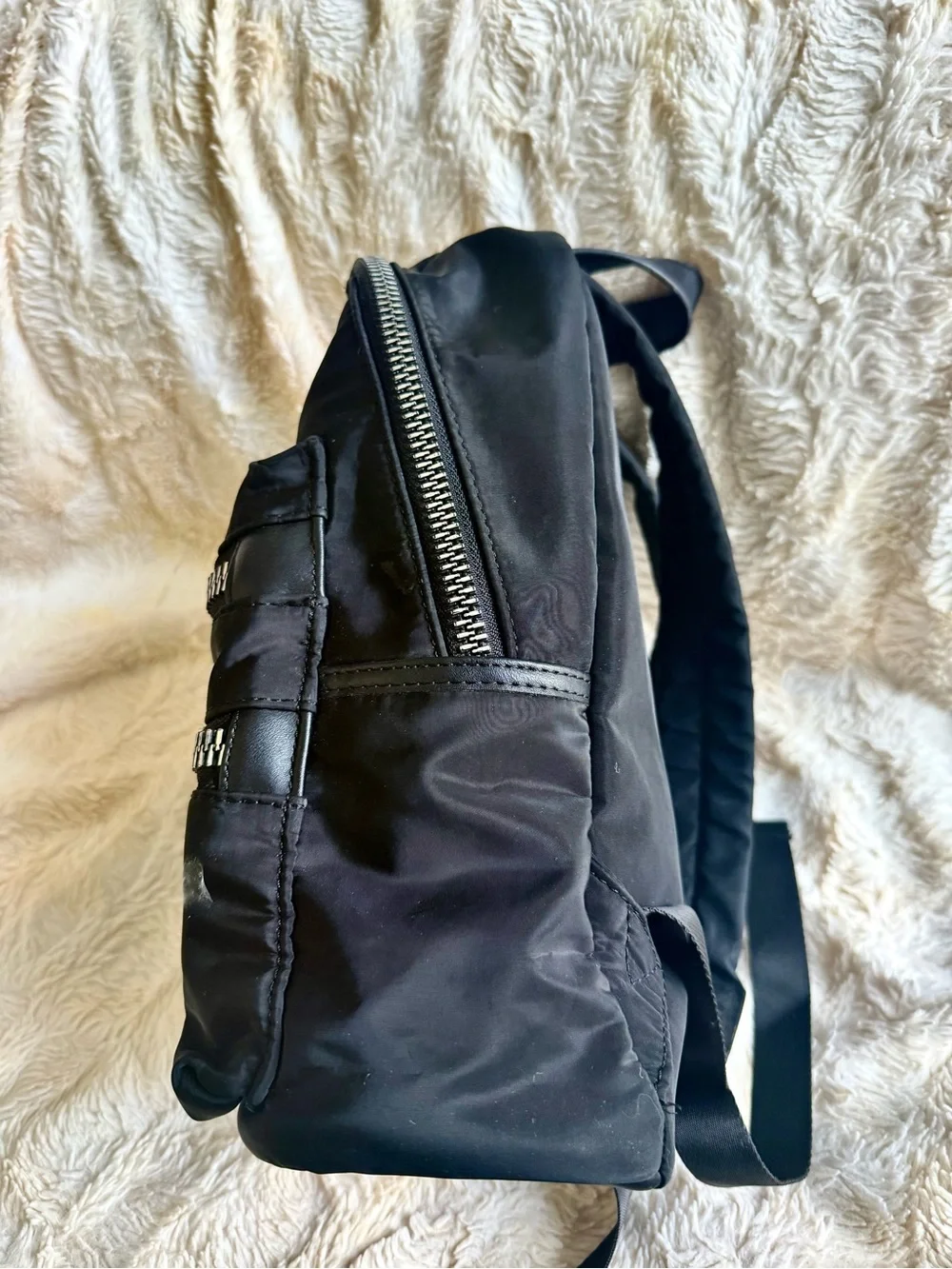 Adrienne Vittadini Black Nylon Mini Backpack with Silver-Tone Accents